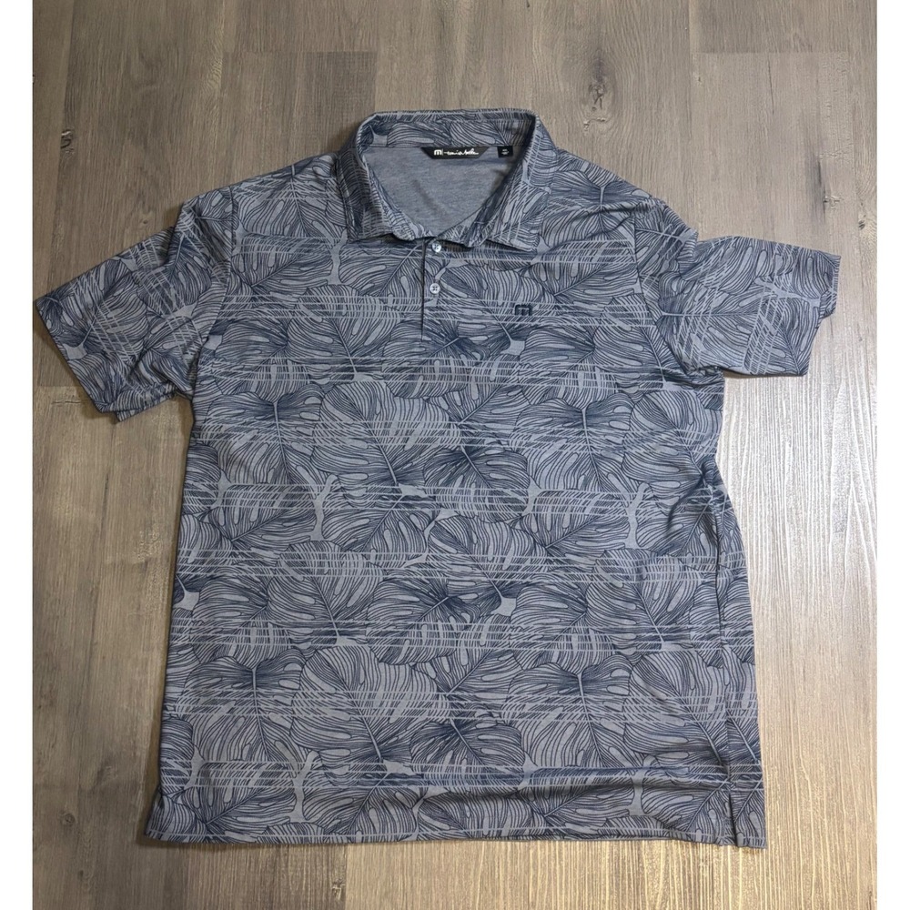 TravisMathew Polo Shirt Mens XXL Blue Grey Tropical Leaf Print Pima Cotton Blend